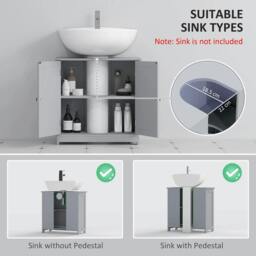 Rackhams Under Sink Bathroom Cabinet, Freestanding Under Sink Cabinet with 2 Doors and Adjustable Shelf for Basin without or with Pedestal, Grey - thumbnail 4
