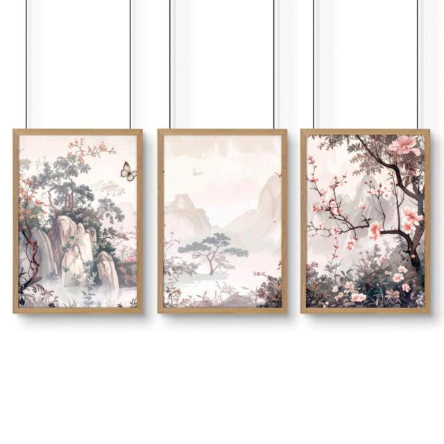 Rackhams Living Room Picture Wall - Set of 3 Chinoiserie Wall art Prints - A2 16.54 x 23.39 in / 42 x 59.4 cm - Satin Photo paper 280 gsm - Oak Frame - image 1