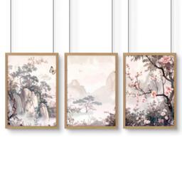 Rackhams Living Room Picture Wall - Set of 3 Chinoiserie Wall art Prints - A2 16.54 x 23.39 in / 42 x 59.4 cm - Satin Photo paper 280 gsm - Oak Frame - thumbnail 1