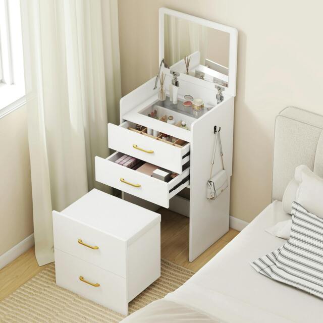 Rackhams 3 in 1 Dressing Table Vanity Desk with Mirror and Cushioned Stool - White - Yes - Lift-up glass mirror - image 1