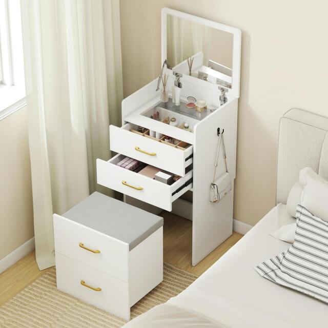 Rackhams 3 in 1 Dressing Table Vanity Desk with Mirror and Cushioned Stool - White - Yes - Lift-up glass mirror - image 1