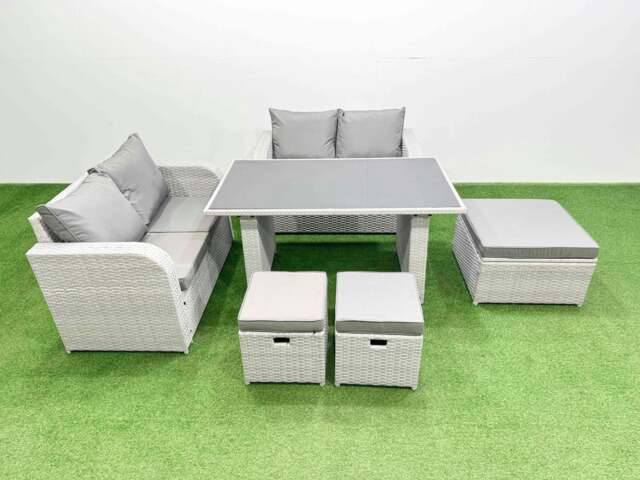 Rackhams 6 Pieces Outdoor PE Rattan Sofa Set Patio Garden Furniture Sets with Cushions 3 Stools Light Grey - image 1