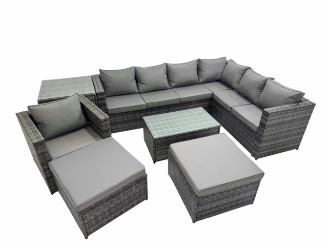 Rackhams Patio Sofa Oblong Coffee Table Set Rattan Garden Furniture Set with 2 Big Stools Chair Side Table Dark Grey Mixed - image 1