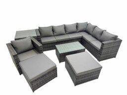 Rackhams Patio Sofa Oblong Coffee Table Set Rattan Garden Furniture Set with 2 Big Stools Chair Side Table Dark Grey Mixed - thumbnail 1