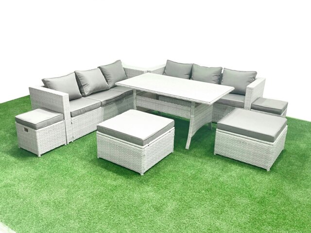 Rackhams Rattan Garden Furniture Set Outdoor 10 Seater Patio Dining Sets with Glass Top Dining Table Light Grey Mixed - image 1
