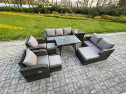 Rackhams Outdoor Rattan Garden Furniture Set 10 Seater Patio Lounge Sofa Set with Dining Table 3 Footstools Side Table Dark Grey Mixed - thumbnail 2