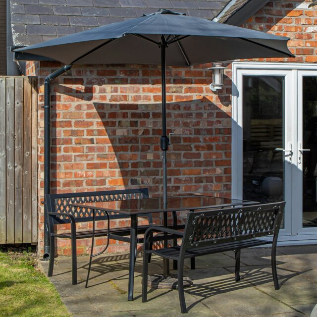 Rackhams Outdoor 4 Person Rectangular Glass Top Garden Dining Table Benches With Grey Havana Parasol and Base Set - Outdoor Furniture Sets - image 1
