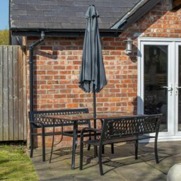 Rackhams Outdoor 4 Person Rectangular Glass Top Garden Dining Table Benches With Grey Havana Parasol and Base Set - Outdoor Furniture Sets - thumbnail 2