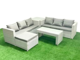 Rackhams 7 Seater Garden Outdoor Rattan Furniture Set Rattan Garden Sofa Oblong Coffee Table with Big Footstool Side Table Light Grey Mixed - thumbnail 2