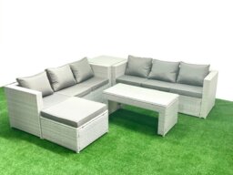 Rackhams 7 Seater Garden Outdoor Rattan Furniture Set Rattan Garden Sofa Oblong Coffee Table with Big Footstool Side Table Light Grey Mixed - thumbnail 1