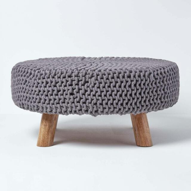 Rackhams Large Round Cotton Knitted Footstool on Legs - Sea Grey - image 1