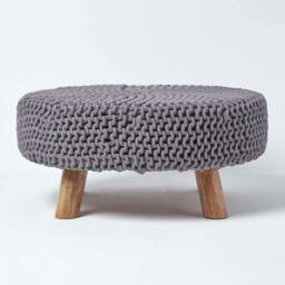 Rackhams Large Round Cotton Knitted Footstool on Legs - Sea Grey