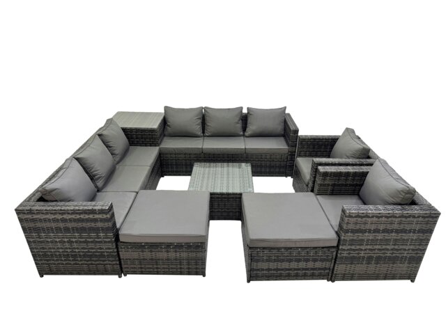 Rackhams 10 Seater Garden Outdoor Rattan Furniture Set Patio Corner Sofa Coffee Table with Side Table 2 Big Stool Dark Grey - image 1