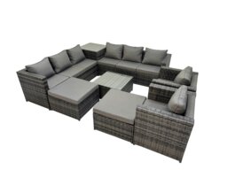 Rackhams 10 Seater Garden Outdoor Rattan Furniture Set Patio Corner Sofa Coffee Table with Side Table 2 Big Stool Dark Grey - thumbnail 2
