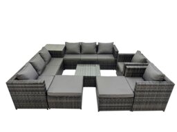 Rackhams 10 Seater Garden Outdoor Rattan Furniture Set Patio Corner Sofa Coffee Table with Side Table 2 Big Stool Dark Grey - thumbnail 1