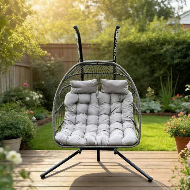 Rackhams Indoor Outdoor Hammock Patio Rattan Double Egg Hanging Chair Garden With Grey Thick Cushion - image 1