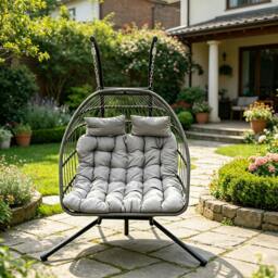 Rackhams Indoor Outdoor Hammock Patio Rattan Double Egg Hanging Chair Garden With Grey Thick Cushion - thumbnail 5