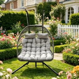 Rackhams Indoor Outdoor Hammock Patio Rattan Double Egg Hanging Chair Garden With Grey Thick Cushion - thumbnail 2
