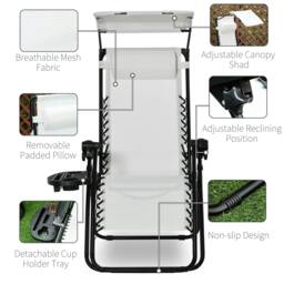 Rackhams Zero Gravity Garden Folding Patio Sun Lounger w/Cup Holder & Canopy Shade White - thumbnail 5