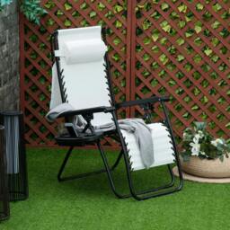 Rackhams Zero Gravity Garden Folding Patio Sun Lounger w/Cup Holder & Canopy Shade White - thumbnail 2