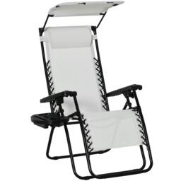 Rackhams Zero Gravity Garden Folding Patio Sun Lounger w/Cup Holder & Canopy Shade White - thumbnail 1