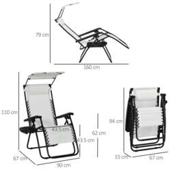 Rackhams Zero Gravity Garden Folding Patio Sun Lounger w/Cup Holder & Canopy Shade White - thumbnail 3