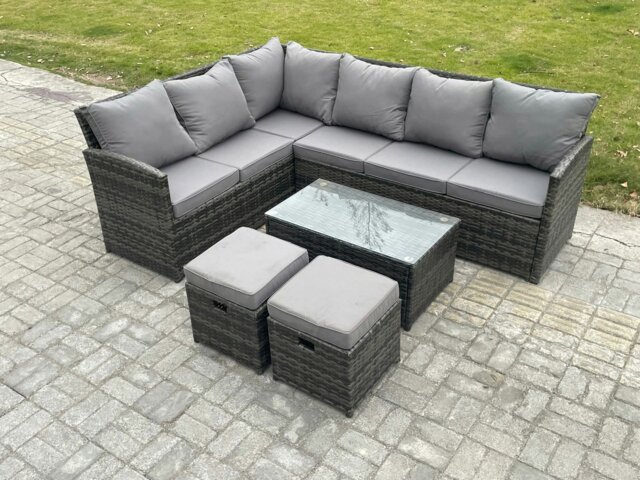 Rackhams Rattan Lounge Corner Sofa Set Wicker PE Outdoor Garden Furniture Set with Rectangular Coffee Table 2 Small Footstools Dark Grey Mixed - image 1