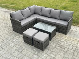 Rackhams Rattan Lounge Corner Sofa Set Wicker PE Outdoor Garden Furniture Set with Rectangular Coffee Table 2 Small Footstools Dark Grey Mixed - thumbnail 1