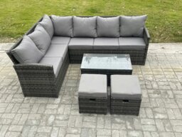 Rackhams Rattan Lounge Corner Sofa Set Wicker PE Outdoor Garden Furniture Set with Rectangular Coffee Table 2 Small Footstools Dark Grey Mixed - thumbnail 2