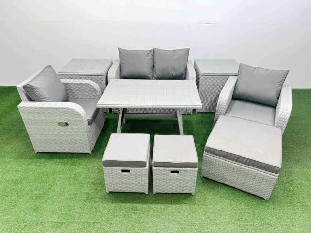 Rackhams Light Grey PE Wicker Rattan Garden Furniture Set Sofa Set Reclining Chair Love Sofa Rectangular Dining Table 3 Stools 2 Side Tables - image 1