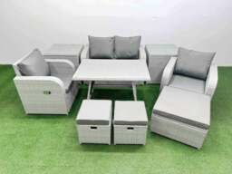 Rackhams Light Grey PE Wicker Rattan Garden Furniture Set Sofa Set Reclining Chair Love Sofa Rectangular Dining Table 3 Stools 2 Side Tables - thumbnail 1