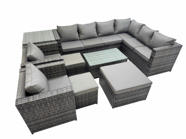 Rackhams Patio Sofa Oblong Coffee Table Set Rattan Garden Furniture Set with 2 Chairs 3 Stools Side Table Dark Grey Mixed - image 1