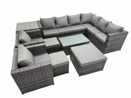 Rackhams Patio Sofa Oblong Coffee Table Set Rattan Garden Furniture Set with 2 Chairs 3 Stools Side Table Dark Grey Mixed - thumbnail 1