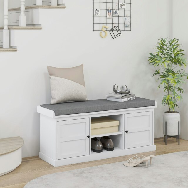 Rackhams Shoe Storage Bench with Cushion 2 Cabinets for Entryway Hallway White - White - image 1