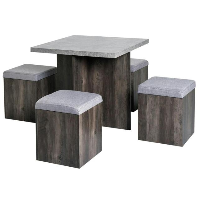 Rackhams 5PC Dining Set Garden Patio Wooden Set 4 Storage Stools Footrest Ottoman with Cushions + 1 Table Space Saving Design Indoor Outdoor - image 1