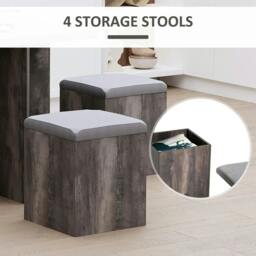 Rackhams 5PC Dining Set Garden Patio Wooden Set 4 Storage Stools Footrest Ottoman with Cushions + 1 Table Space Saving Design Indoor Outdoor - thumbnail 6