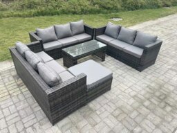 Rackhams Outdoor Rattan Garden Furniture Lounge Sofa Set With Oblong Rectagular Coffee Table Big Footstool - thumbnail 2