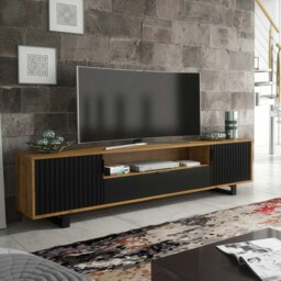 Rackhams Milled 200cm TV Unit with Oak Matt Body and Black Milled-Front Doors - 200cm  - 1 -  MDF/Chipboard