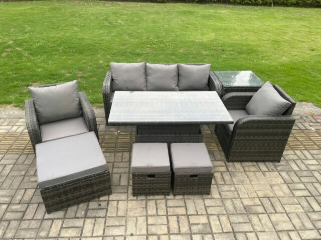 Rackhams Outdoor Rattan Furniture Sofa Garden Dining Sets Height Adjustable Rising lifting Table and Chair Set With Side Table 3 Footstools - image 1