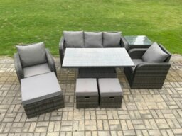 Rackhams Outdoor Rattan Furniture Sofa Garden Dining Sets Height Adjustable Rising lifting Table and Chair Set With Side Table 3 Footstools - thumbnail 2