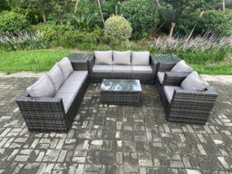 Rackhams Wicker PE Rattan Sofa Set Outdoor Patio Garden Furniture with 2 Armchairs Oblong Coffee Table 2 Side Tables Dark Grey Mixed - thumbnail 1