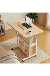 Rackhams 3-tier Height Adjustable Mobile Table Overbed Desk with Shelves Wheels - Natural - thumbnail 1