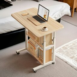 Rackhams 3-tier Height Adjustable Mobile Table Overbed Desk with Shelves Wheels - Natural - thumbnail 4