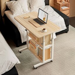 Rackhams 3-tier Height Adjustable Mobile Table Overbed Desk with Shelves Wheels - Natural - thumbnail 3