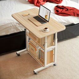 Rackhams 3-tier Height Adjustable Mobile Table Overbed Desk with Shelves Wheels - Natural - thumbnail 5