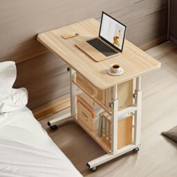 Rackhams 3-tier Height Adjustable Mobile Table Overbed Desk with Shelves Wheels - Natural - thumbnail 2