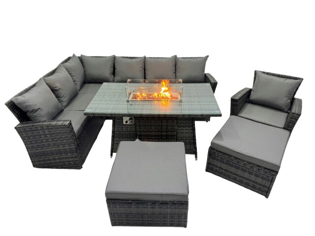 Rackhams Poly Rattan Outdoor Patio Gas Fire Pit Dining Table Corner Sofa Set with 2 Big Stools Chair for Garden Backyard Dark Grey Mixed - image 1