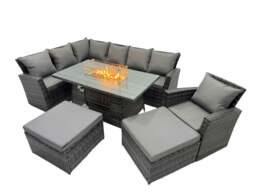 Rackhams Poly Rattan Outdoor Patio Gas Fire Pit Dining Table Corner Sofa Set with 2 Big Stools Chair for Garden Backyard Dark Grey Mixed - thumbnail 2