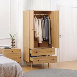 Rackhams 2 Door Wardrobe with 2 Drawers, Hanging Rail, Clothes Storage Organiser