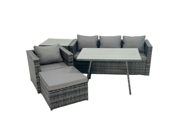Rackhams Rattan Dining Table Sofa Armchair Set with Side Table Big Footstool Outdoor Garden Furniture Set Dark Grey Mixed - image 1